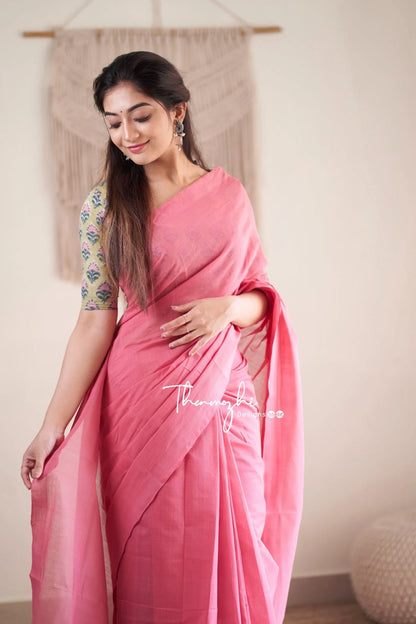 Bubblegum - Pink Mangalagiri Plain Cotton Saree 08