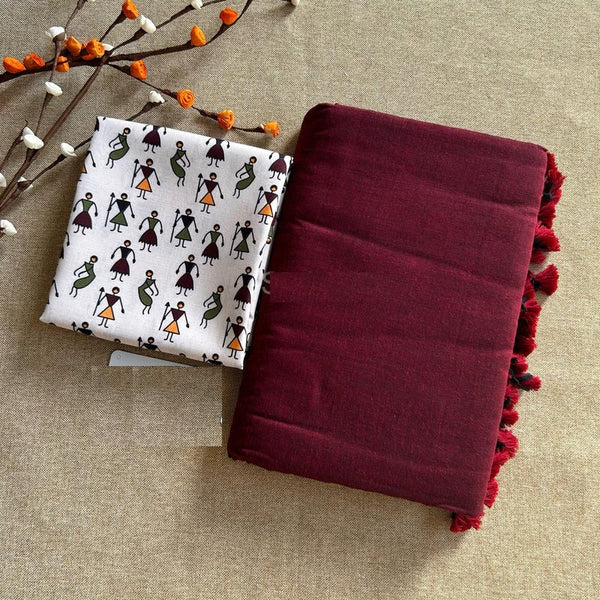 MAROON HANDLOOM COTTON SAREE WITH DOLL PRINT BLOUSE