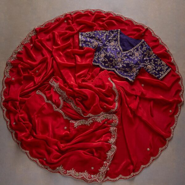 Red Colour Embroidery Bridal Wear Designer Saree With Heavy Blouse