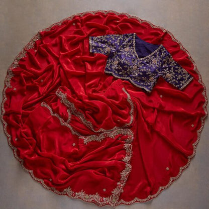 Red Colour Embroidery Bridal Wear Designer Saree With Heavy Blouse