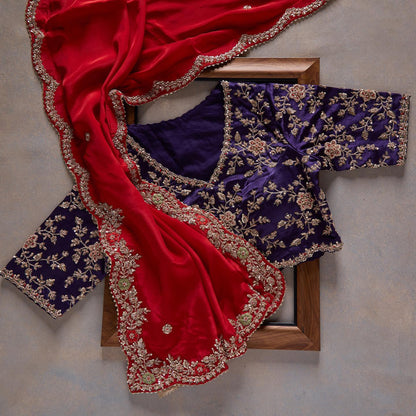 Red Colour Embroidery Bridal Wear Designer Saree With Heavy Blouse