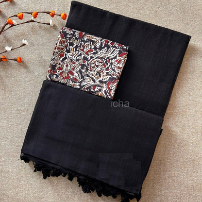 Beautiful Black Cotton Plain Saree with Kalamkari Blouse