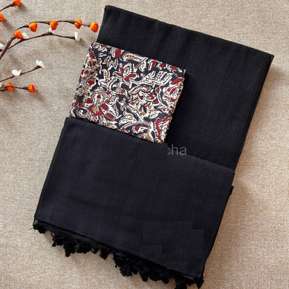 Beautiful Black Cotton Plain Saree with Kalamkari Blouse