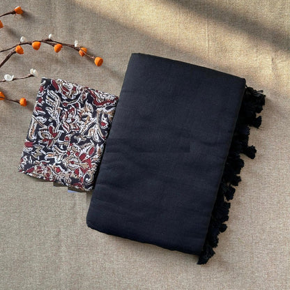 Beautiful Black Cotton Plain Saree with Kalamkari Blouse