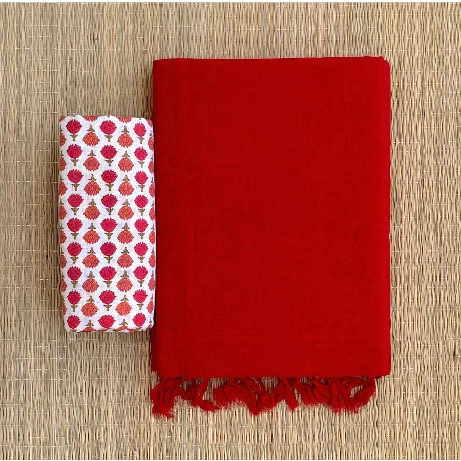 RED COLOUR TRADITIONAL LOOKING CHANDERI COTTON SAREE